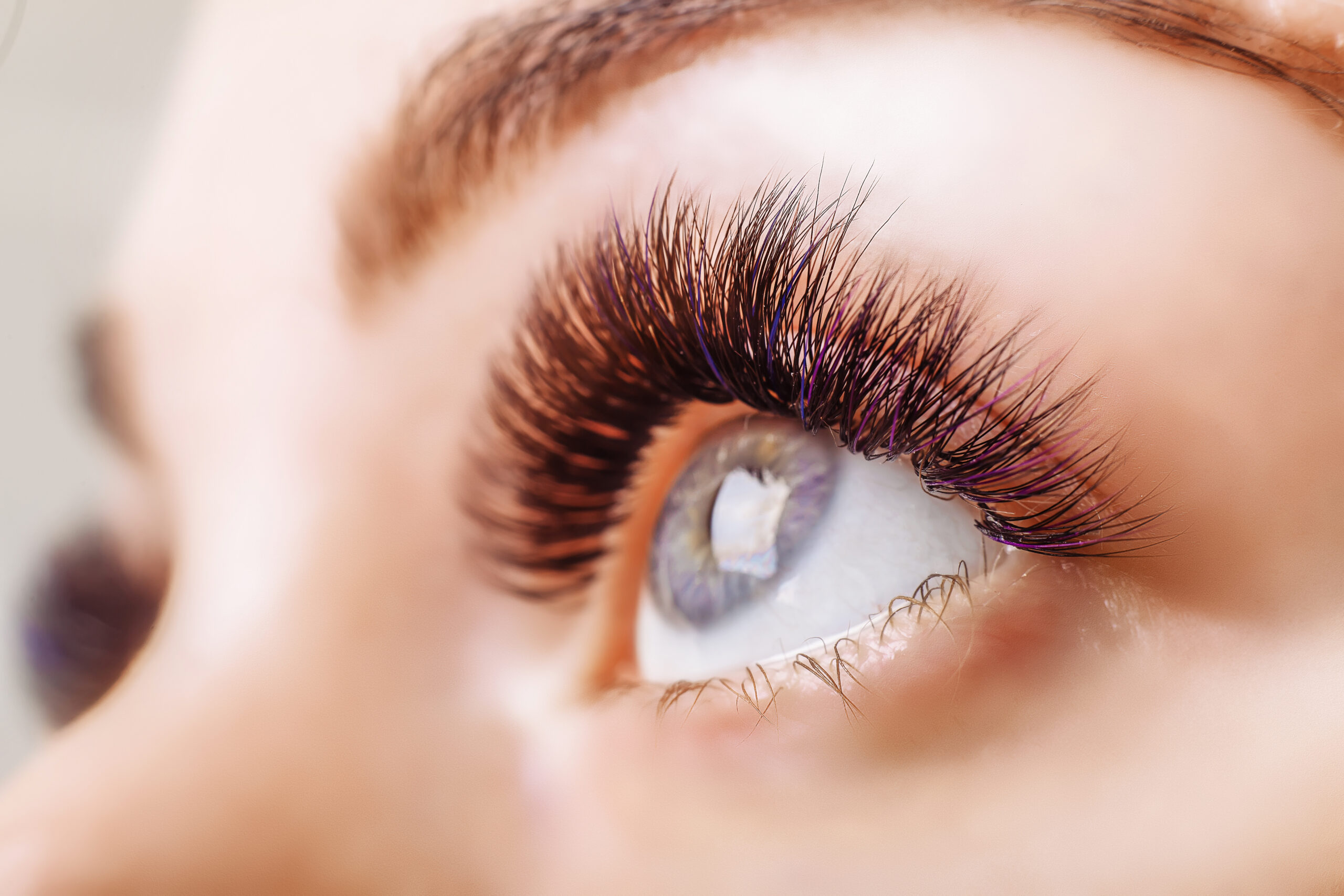 Eyelash Extension Procedure. Woman Eye with Long Eyelashes. Lashes. Close up, macro, selective focus